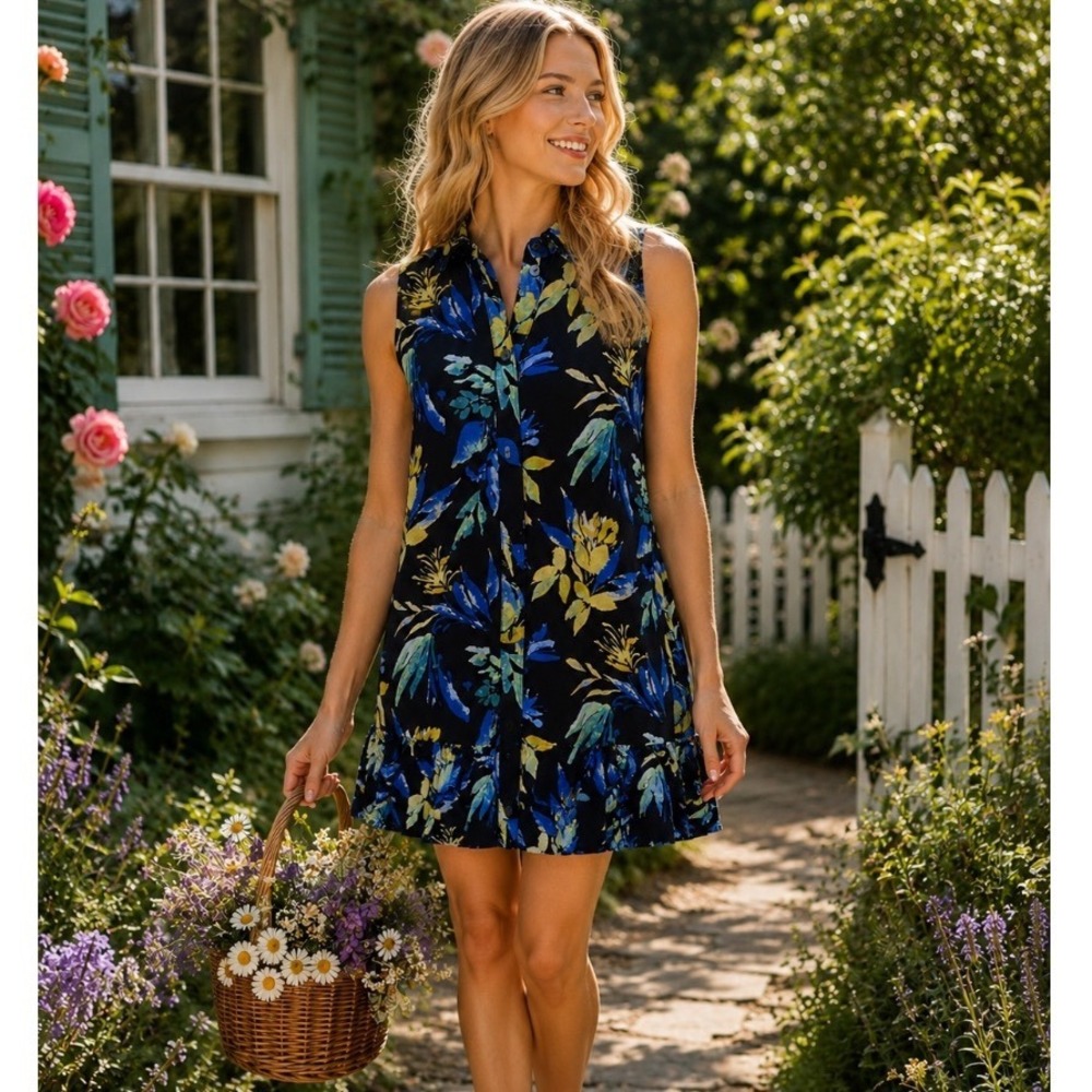Time and Tru Floral Sleeveless‎ Button Front Ruffle Hem Shirt Dress Black M